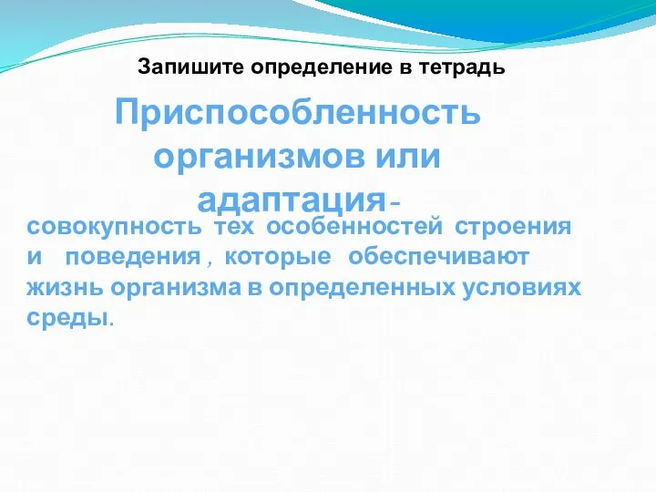 Приспособленность организмов или адаптация- совокупность тех особенностей строения и поведения , которые