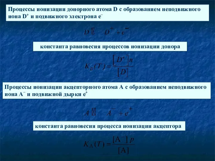 Процессы ионизации донорного атома D с образованием неподвижного иона D+ и подвижного