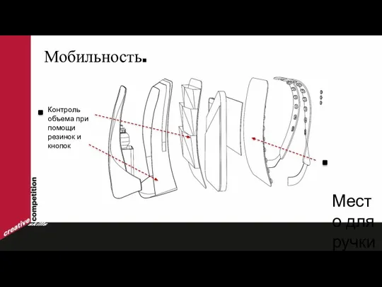 Мобильность. Контроль объема при помощи резинок и кнопок Место для ручки чемодана