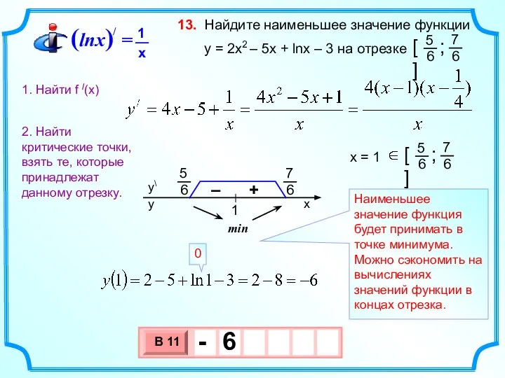 Найдите наименьшее значение функции y = 2х2 – 5x + lnx –