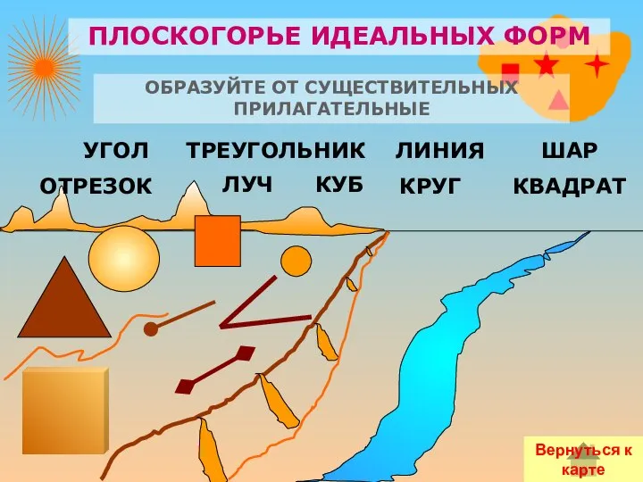 Вернуться к карте ОБРАЗУЙТЕ ОТ СУЩЕСТВИТЕЛЬНЫХ ПРИЛАГАТЕЛЬНЫЕ ПЛОСКОГОРЬЕ ИДЕАЛЬНЫХ ФОРМ КРУГ КВАДРАТ