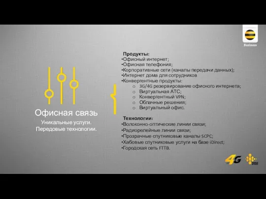 Продукты: Офисный интернет; Офисная телефония; Корпоративные сети (каналы передачи данных); Интернет дома