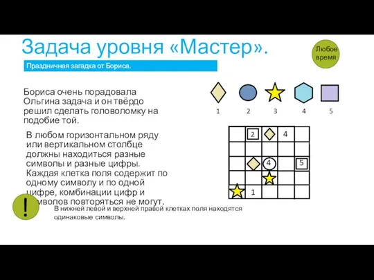 Задача уровня «Мастер». Бориса очень порадовала Ольгина задача и он твёрдо решил