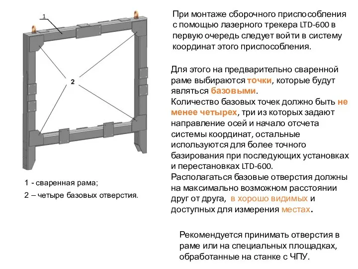 Рама приспособления 1 - сваренная рама; 2 – четыре базовых отверстия. При