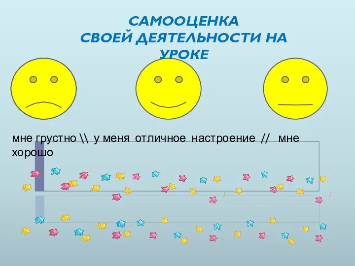 мне грустно \\ у меня отличное настроение // мне хорошо САМООЦЕНКА СВОЕЙ ДЕЯТЕЛЬНОСТИ НА УРОКЕ