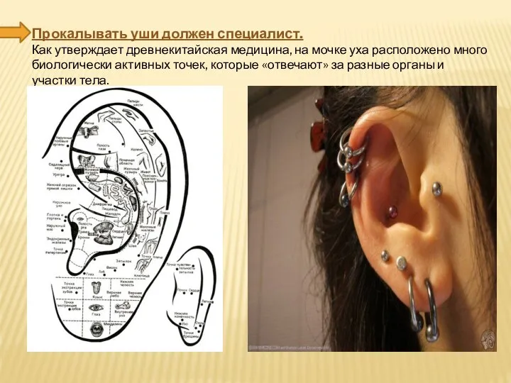 Прокалывать уши должен специалист. Как утверждает древнекитайская медицина, на мочке уха расположено