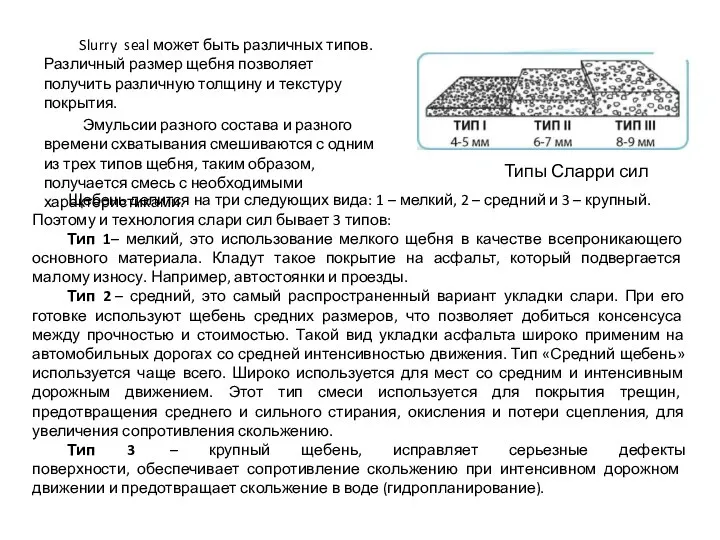 Типы Сларри сил Щебень делится на три следующих вида: 1 – мелкий,