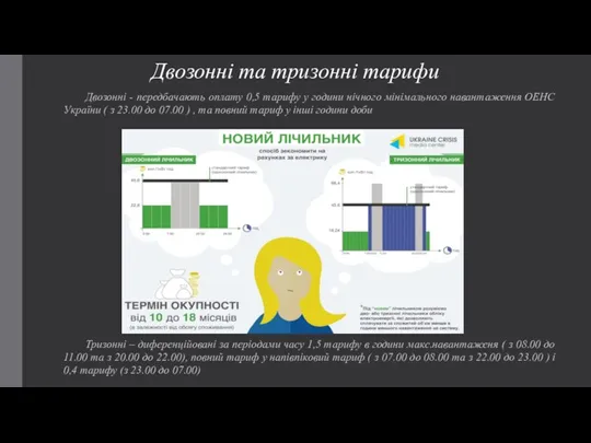 Двозонні - передбачають оплату 0,5 тарифу у години нічного мінімального навантаження ОЕНС