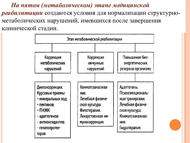 На пятом (метаболическом) этапе медицинской реабилитации создаются условия для нормализации структурно-метаболических нарушений,