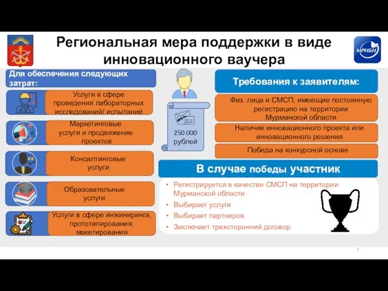 Региональная мера поддержки в виде инновационного ваучера Для обеспечения следующих затрат: Услуги