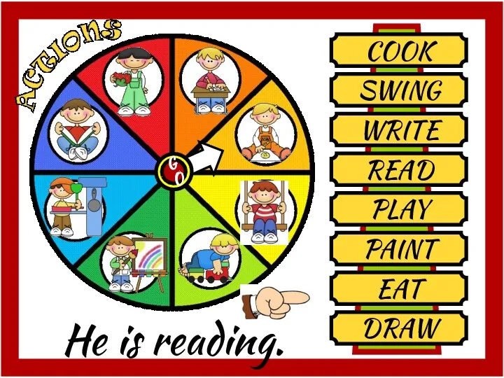 COOK SWING WRITE READ PLAY PAINT EAT DRAW He is reading.