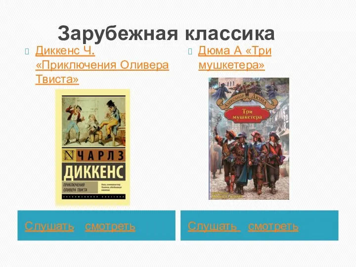 Зарубежная классика Слушать смотреть Слушать смотреть Диккенс Ч. «Приключения Оливера Твиста» Дюма А «Три мушкетера»