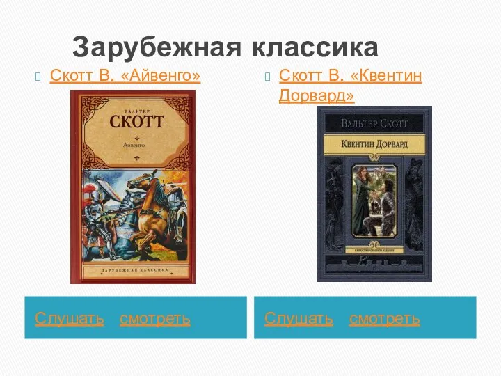 Зарубежная классика Слушать смотреть Слушать смотреть Скотт В. «Айвенго» Скотт В. «Квентин Дорвард»