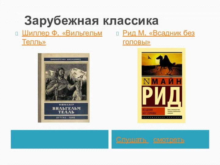 Зарубежная классика Слушать смотреть Шиллер Ф. «Вильгельм Телль» Рид М. «Всадник без головы»