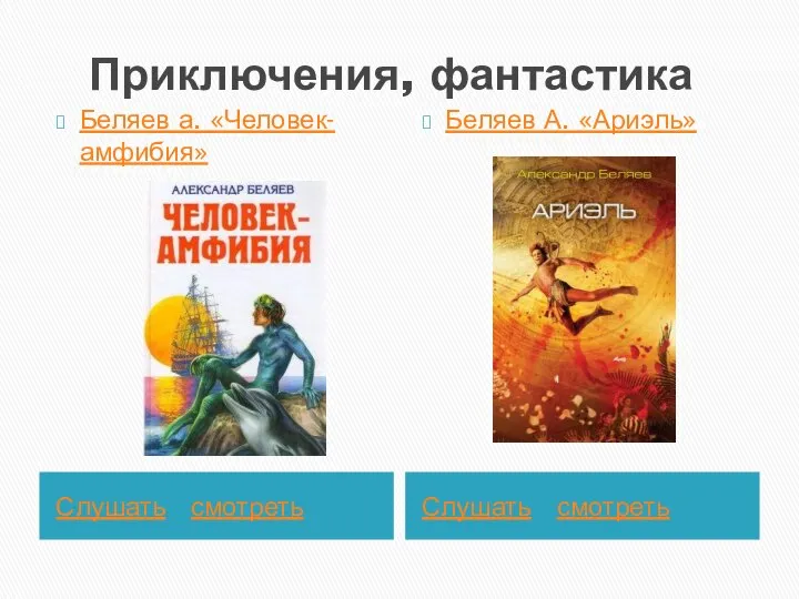 Приключения, фантастика Слушать смотреть Слушать смотреть Беляев а. «Человек-амфибия» Беляев А. «Ариэль»