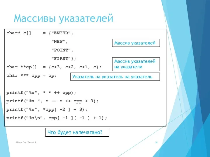 Массивы указателей char* c[] = {"ENTER", "NEP", "POINT", "FIRST"}; char **cp[] =