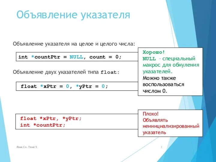 Объявление указателя Объявление указателя на целое и целого числа: Объявление двух указателей