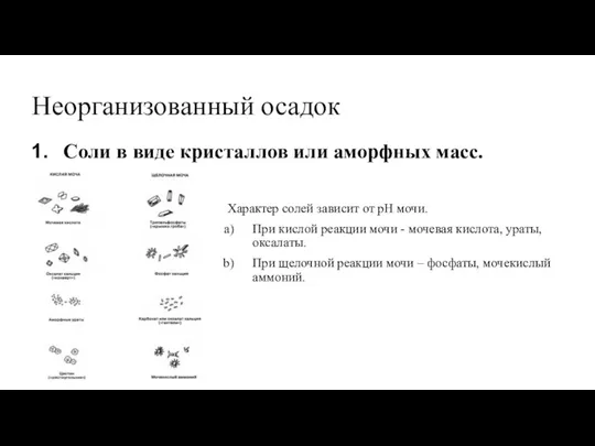 Соли в виде кристаллов или аморфных масс. Неорганизованный осадок Характер солей зависит