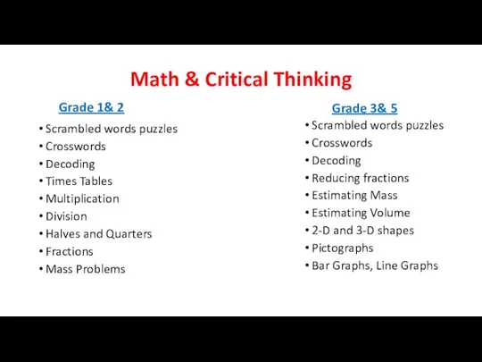 Math & Critical Thinking Scrambled words puzzles Crosswords Decoding Times Tables Multiplication