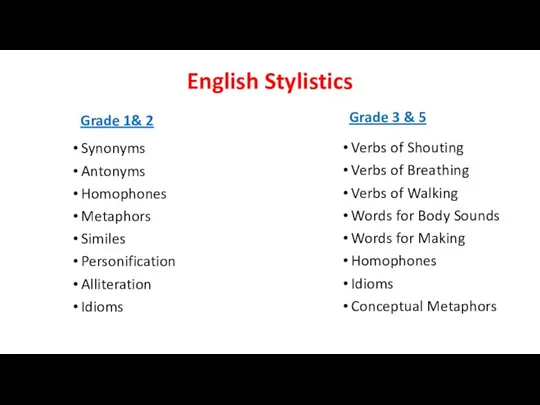 English Stylistics Synonyms Antonyms Homophones Metaphors Similes Personification Alliteration Idioms Grade 1&