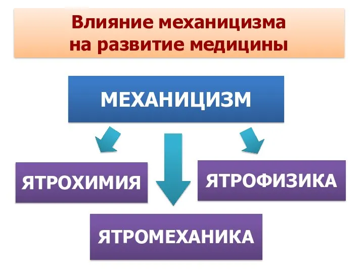 Влияние механицизма на развитие медицины ЯТРОФИЗИКА ЯТРОМЕХАНИКА МЕХАНИЦИЗМ ЯТРОХИМИЯ