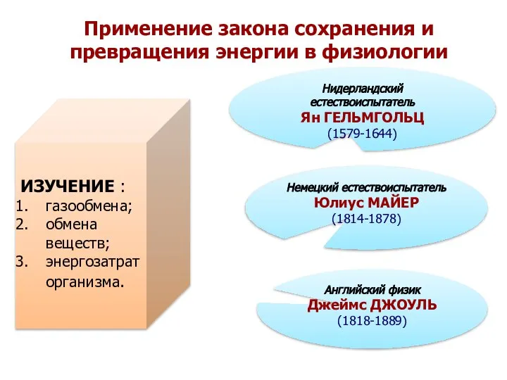 Применение закона сохранения и превращения энергии в физиологии ИЗУЧЕНИЕ : газообмена; обмена