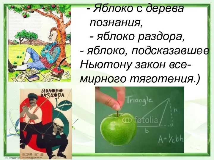 - Яблоко с дерева nознания, - яблоко раз­дора, - яблоко, подсказавшее Ньютону закон все­- мирнoгo тяготения.)