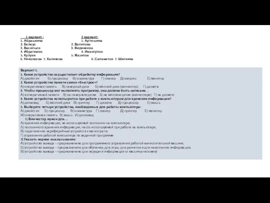 1 вариант : 2 вариант: 1. Абрашкина 1. Артюшина 2. Белоус 2.