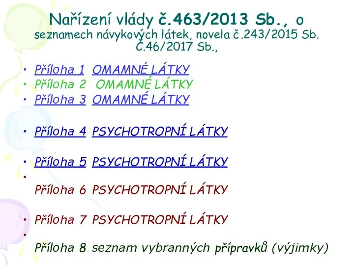 Nařízení vlády č.463/2013 Sb., o seznamech návykových látek, novela č.243/2015 Sb. Č.46/2017