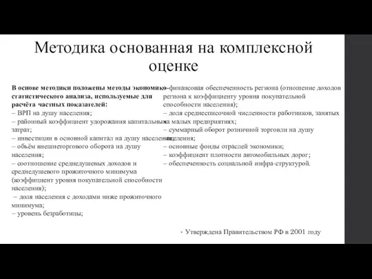 Методика основанная на комплексной оценке Утверждена Правительством РФ в 2001 году В