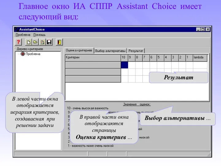 Главное окно ИА СППР Assistant Choice имеет следующий вид: В левой части