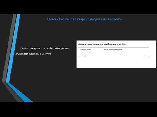 Отчет «Количество квартир проданных в районе» Отчет содержит в себе количество проданных квартир в районе.