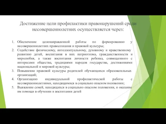 Достижение цели профилактики правонарушений среди несовершеннолетних осуществляется через: Обеспечение целенаправленной работы по