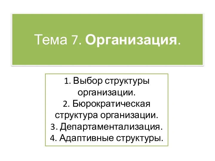 Тема 7. Организация. 1. Выбор структуры организации. 2. Бюрократическая структура организации. 3. Департаментализация. 4. Адаптивные структуры.