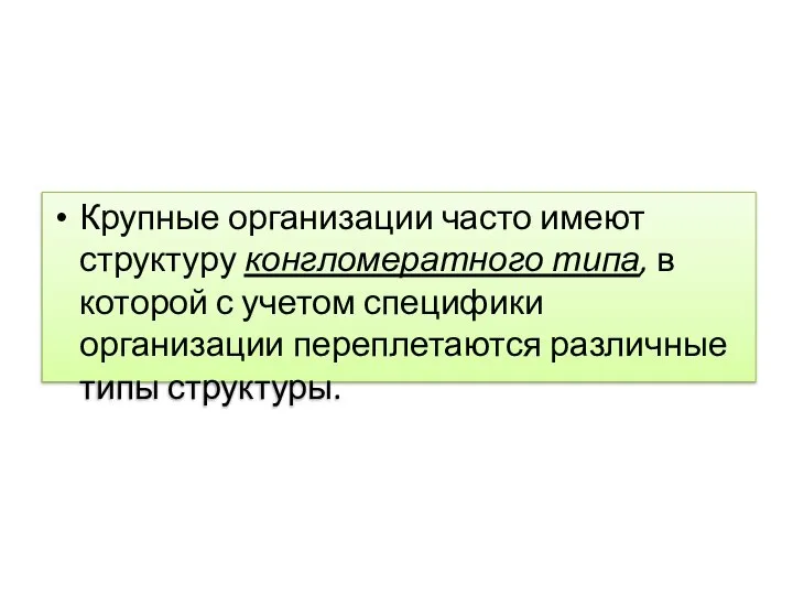 Крупные организации часто имеют структуру конгломератного типа, в которой с учетом специфики