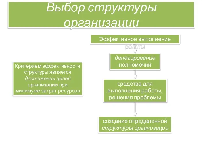 Выбор структуры организации Эффективное выполнение работы делегирование полномочий средства для выполнения работы,