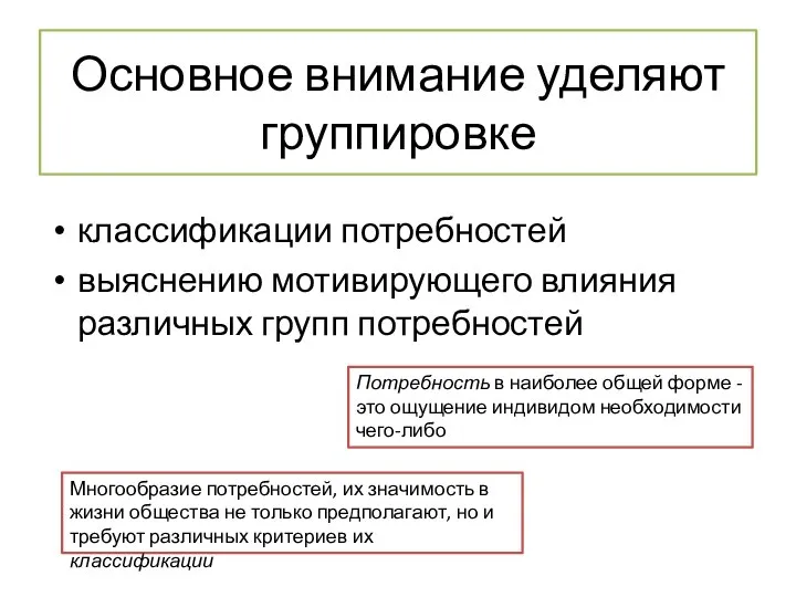 Основное внимание уделяют группировке классификации потребностей выяснению мотивирующего влияния различных групп потребностей