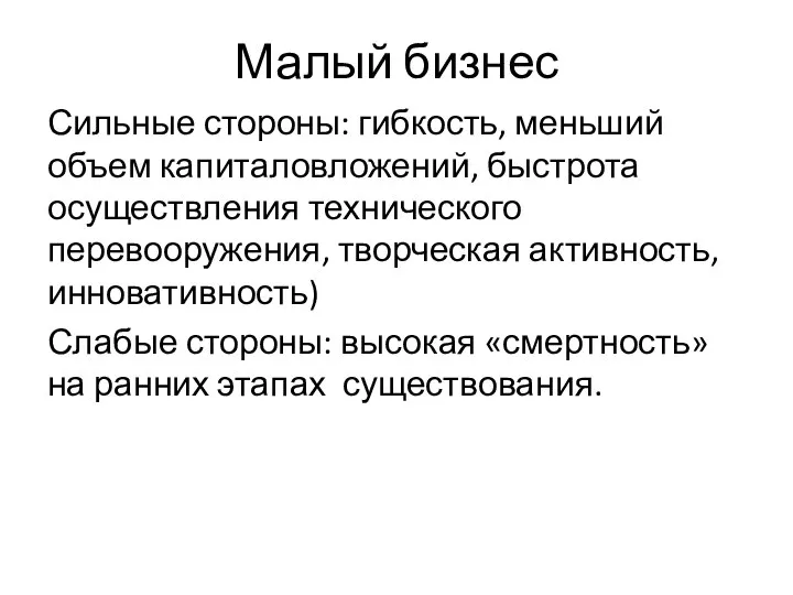 Малый бизнес Сильные стороны: гибкость, меньший объем капиталовложений, быстрота осуществления технического перевооружения,