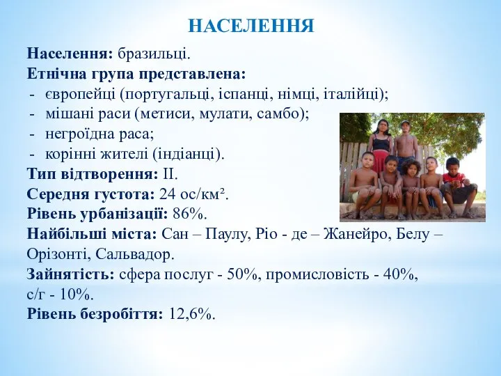 НАСЕЛЕННЯ Населення: бразильці. Етнічна група представлена: європейці (португальці, іспанці, німці, італійці); мішані