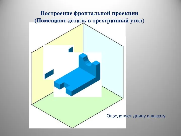 Построение фронтальной проекции (Помещают деталь в трехгранный угол) Определяет длину и высоту.