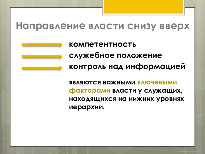 Направление власти снизу вверх компетентность служебное положение контроль над информацией являются важными