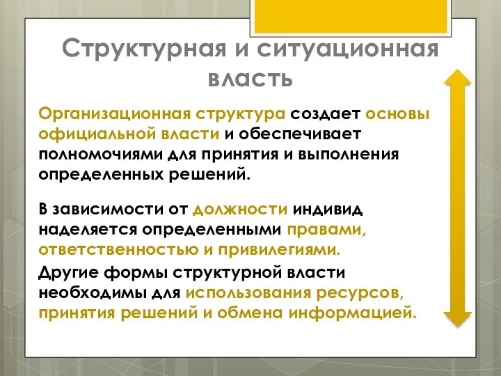 Структурная и ситуационная власть Организационная структура создает основы официальной власти и обеспечивает