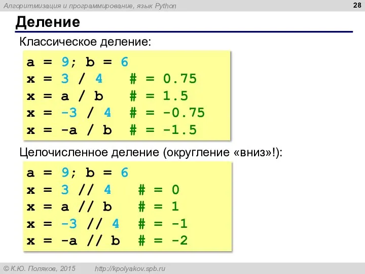 Деление Классическое деление: a = 9; b = 6 x = 3