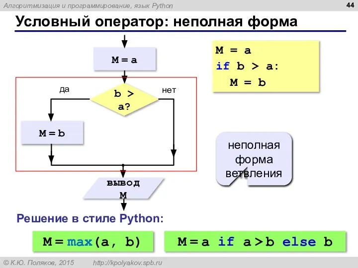 Условный оператор: неполная форма неполная форма ветвления M = a if b