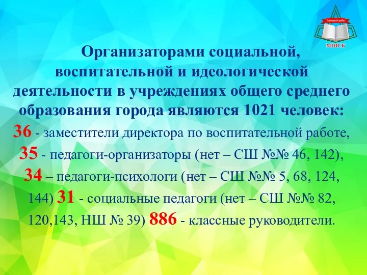 Организаторами социальной, воспитательной и идеологической деятельности в учреждениях общего среднего образования города