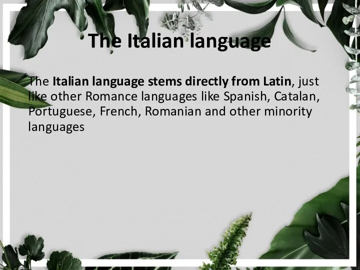 The Italian language The Italian language stems directly from Latin, just like