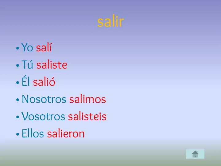 salir Yo salí Tú saliste Él salió Nosotros salimos Vosotros salisteis Ellos salieron