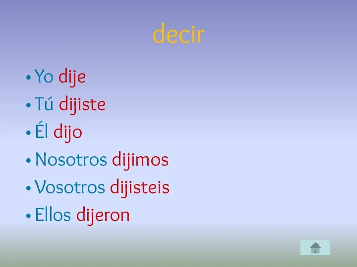 decir Yo dije Tú dijiste Él dijo Nosotros dijimos Vosotros dijisteis Ellos dijeron