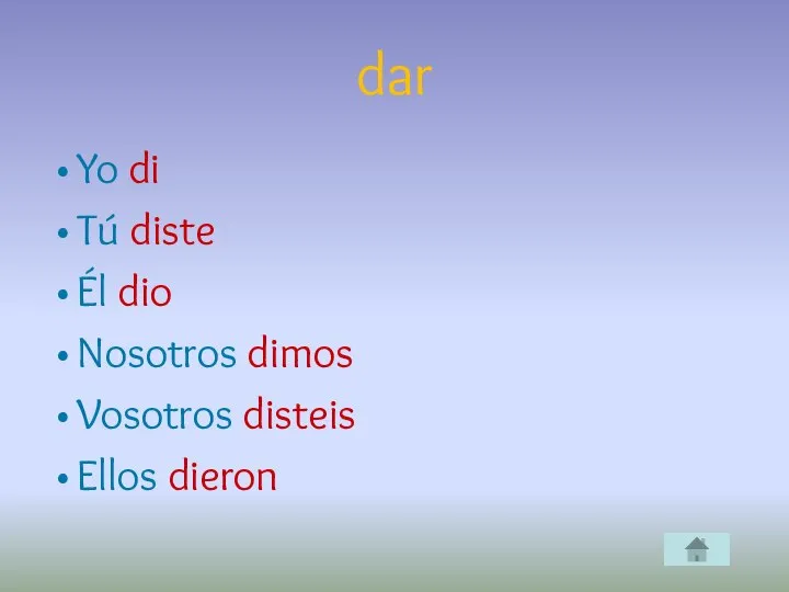 dar Yo di Tú diste Él dio Nosotros dimos Vosotros disteis Ellos dieron