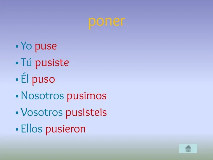 poner Yo puse Tú pusiste Él puso Nosotros pusimos Vosotros pusisteis Ellos pusieron